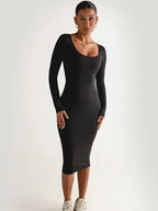 Classics Solid Collar Longsleeved Vintage Bodycon Dress