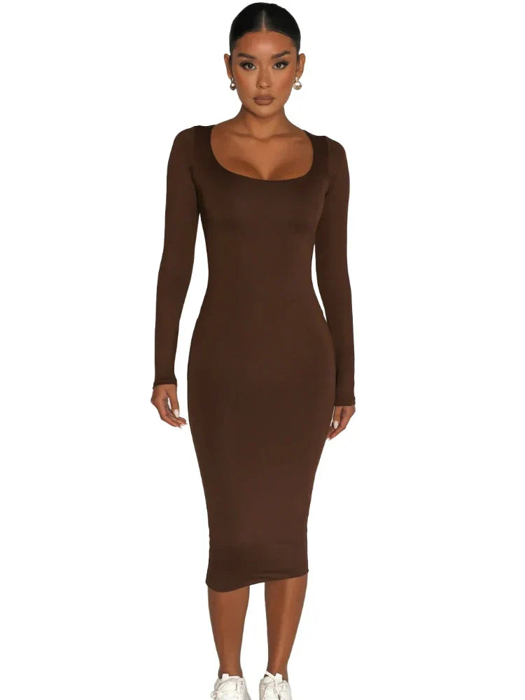 Classics Solid Collar Longsleeved Vintage Bodycon Dress