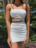 Waist slimming one shoulder halter hollow dress