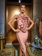 Wells Satin Ruched Flower Midi Dress