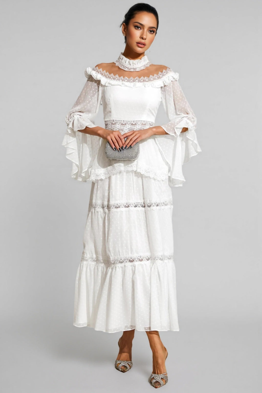 Zevon White Lace Long Sleeve Maxi Dress