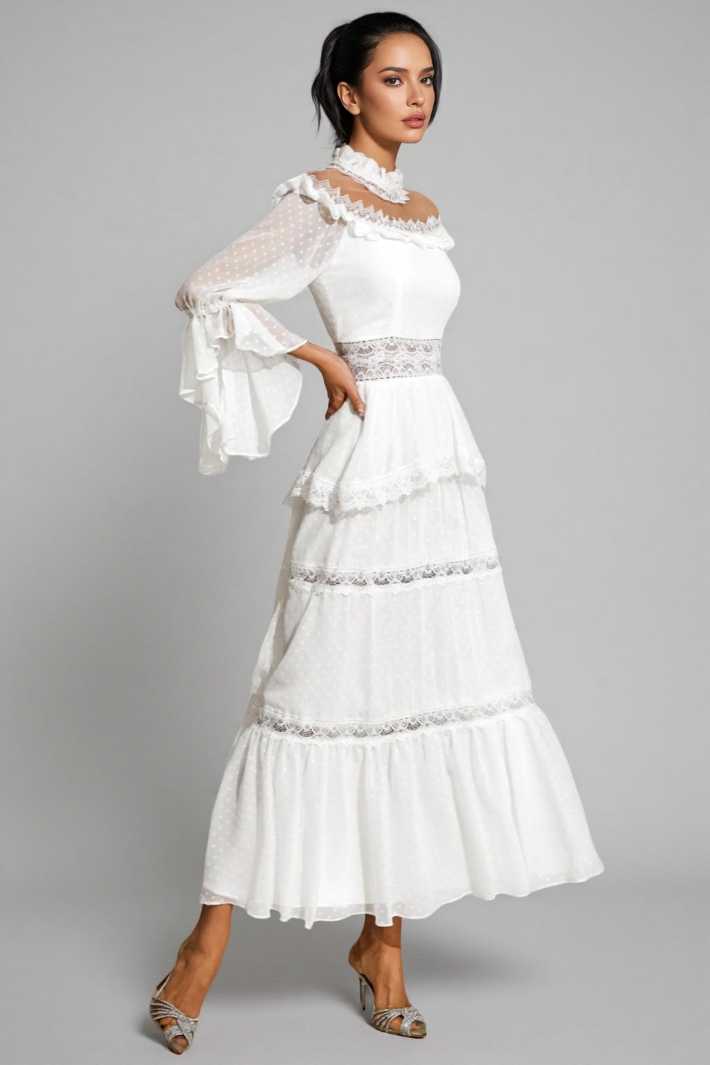 Zevon White Lace Long Sleeve Maxi Dress