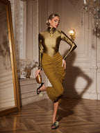 High Neck Ruched Midi Dress