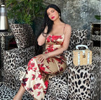 Alejandra Statement Long Bodycon Dress with Rose Print Boutique Collection