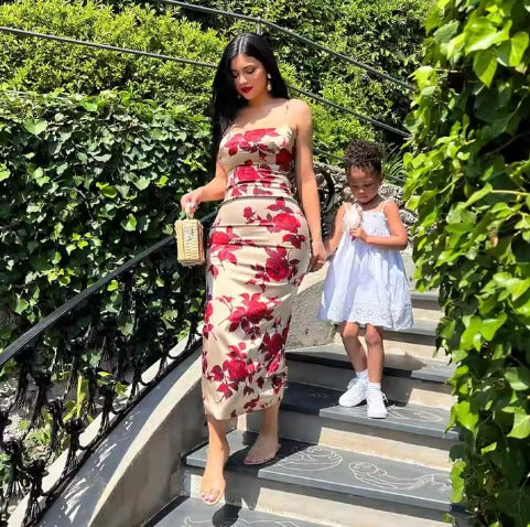 Alejandra Statement Long Bodycon Dress with Rose Print Boutique Collection
