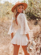 DressBetty - 2024 Sexy Deep V Neck Lace Tunic Mini Boho Dress