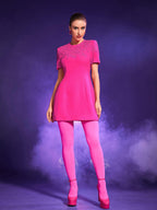 Jacquard Short Sleeve Mini Dress In Hot Pink