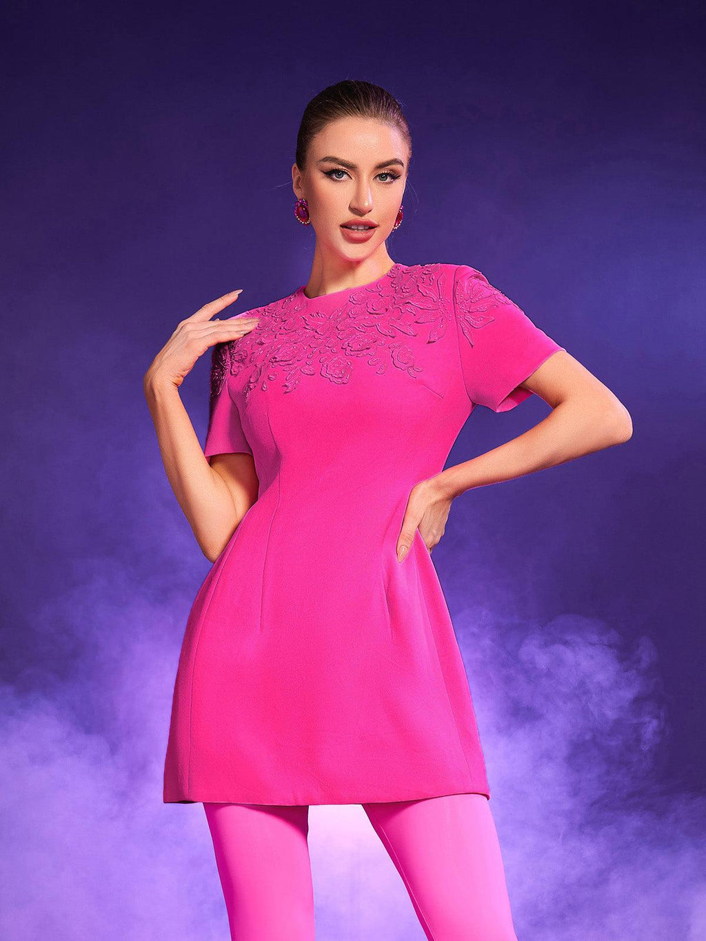 Jacquard Short Sleeve Mini Dress In Hot Pink