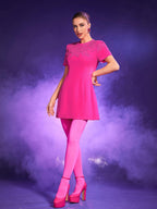 Jacquard Short Sleeve Mini Dress In Hot Pink