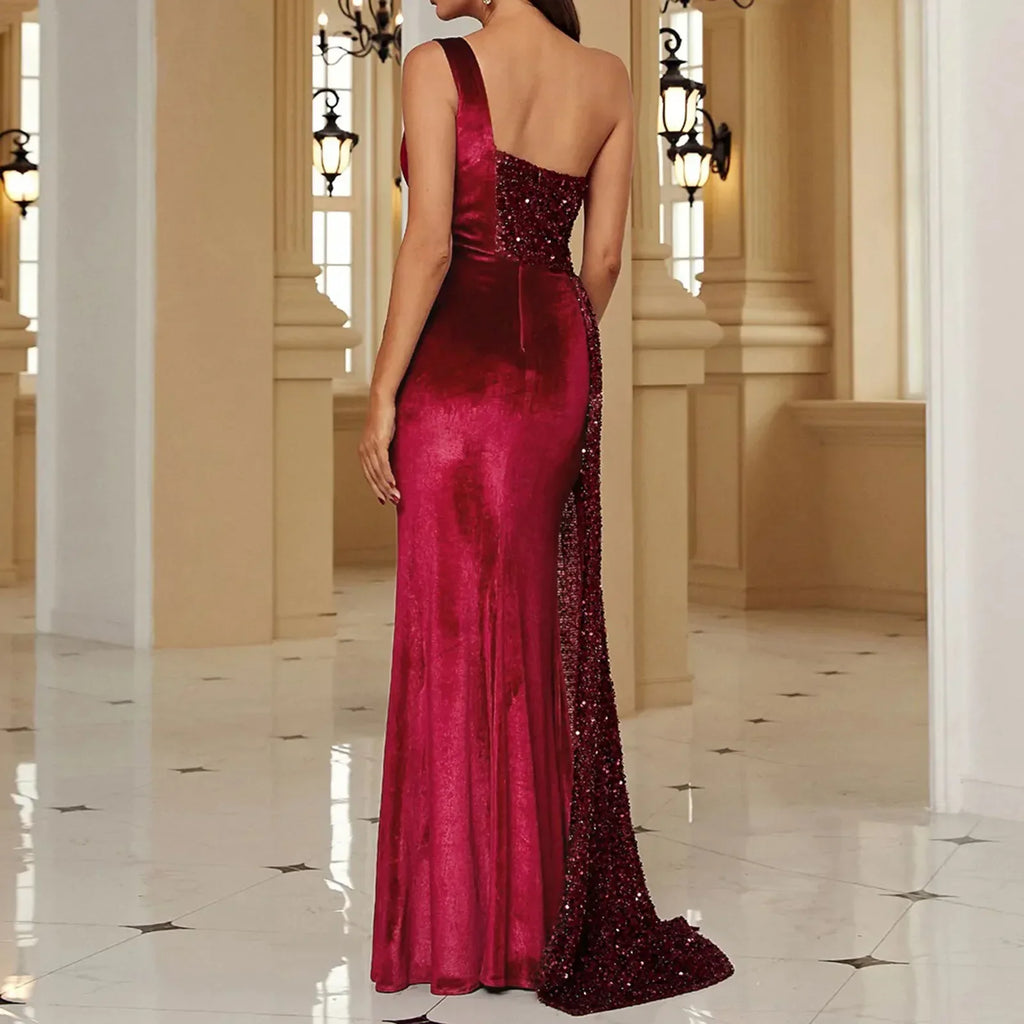 Elegant One Shoulder Draped Split Wedding Party Prom Formal Long Gown Party Dress