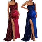 Elegant One Shoulder Draped Split Wedding Party Prom Formal Long Gown Party Dress