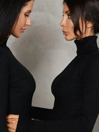 Elegant Spring Turtleneck Knitted Ribbed Sheath Midi Bodycon Dress