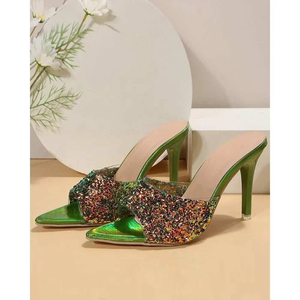 Bling Sequins Pointed Toe Thin Heeled SlipOn Femme Party Korean High Heel