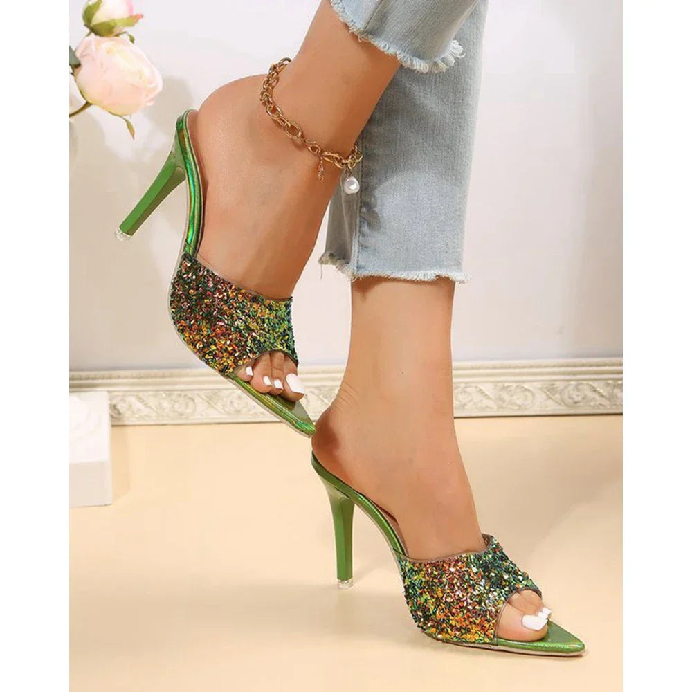 Bling Sequins Pointed Toe Thin Heeled SlipOn Femme Party Korean High Heel