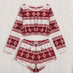 Christmas Flannel Pajamas Set Long Sleeve Crop Top Shorts 2Pcs Sleepwear
