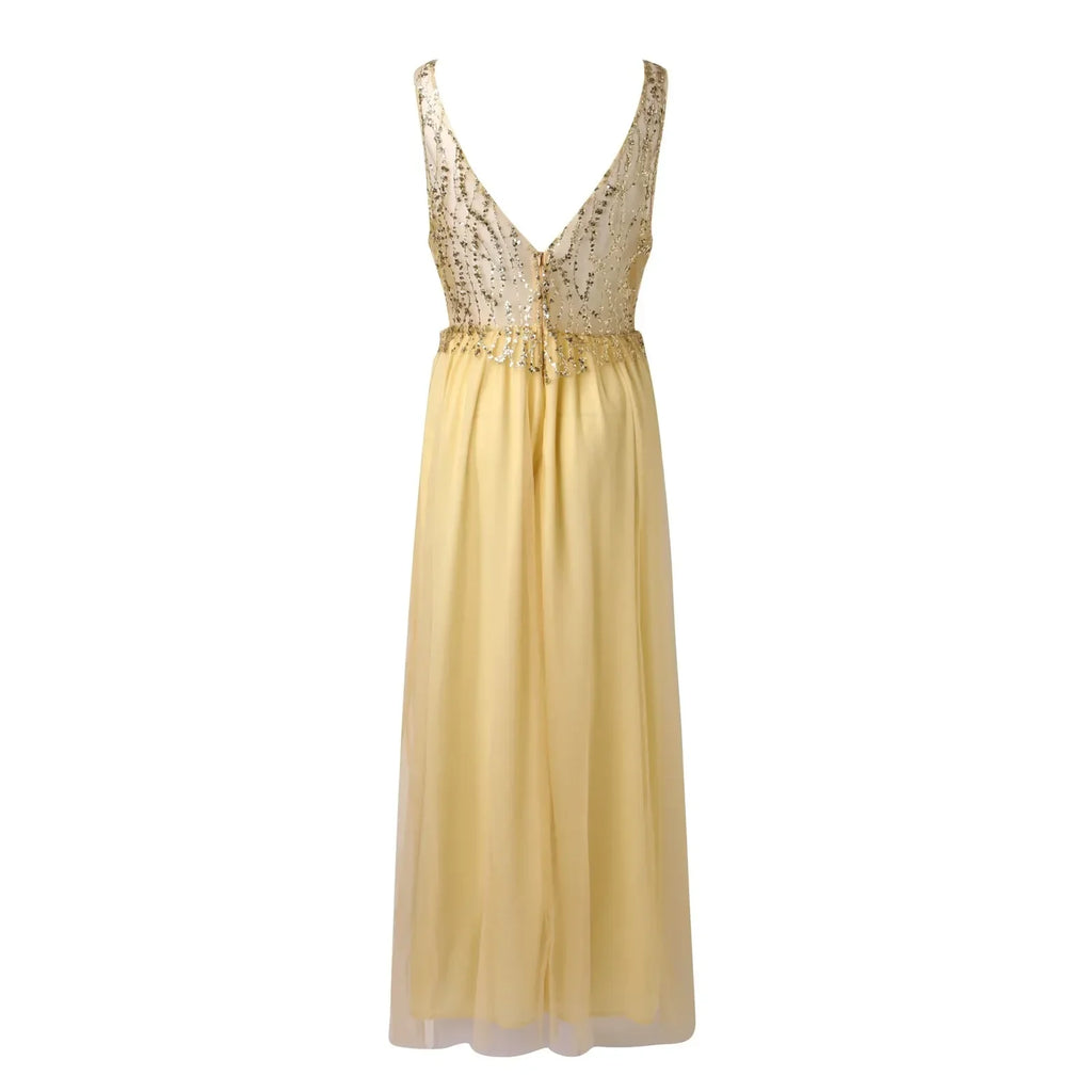 Deep V Neck Slim Waist Sequins Sexy Hollow Lace Party High Slits Mesh SunLong Dress