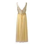 Deep V Neck Slim Waist Sequins Sexy Hollow Lace Party High Slits Mesh SunLong Dress