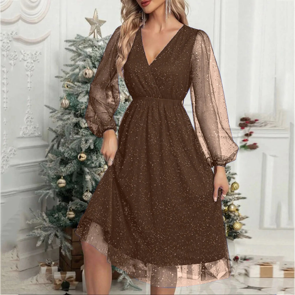 Elegant ALine Mini Evening V Neck Mesh Long Sleeve Glitter Party Club High Waist Tulle Formal Dress
