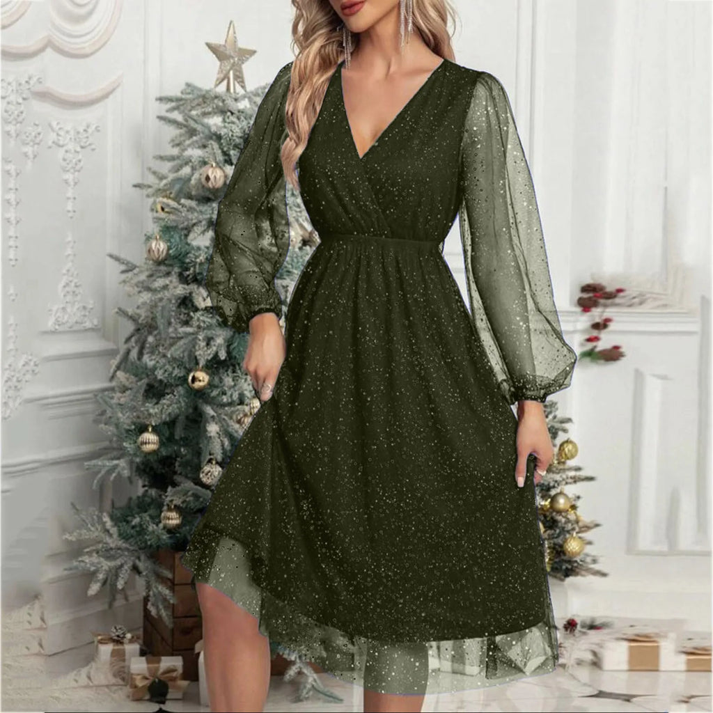 Elegant ALine Mini Evening V Neck Mesh Long Sleeve Glitter Party Club High Waist Tulle Formal Dress