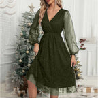 Elegant ALine Mini Evening V Neck Mesh Long Sleeve Glitter Party Club High Waist Tulle Formal Dress