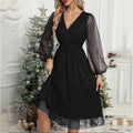 Elegant ALine Mini Evening V Neck Mesh Long Sleeve Glitter Party Club High Waist Tulle Formal Dress