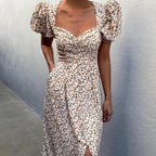 DressBetty - Women Elegant Floral Print Summer Dress V-neck Puff Sleeve Split Midi Dress