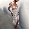 DressBetty - Women Elegant Floral Print Summer Dress V-neck Puff Sleeve Split Midi Dress