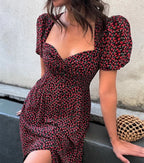 DressBetty - Women Elegant Floral Print Summer Dress V-neck Puff Sleeve Split Midi Dress