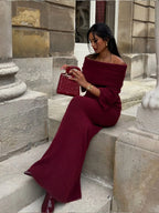 Elegant Off Shoulder Fold Knit Long Sleeve Tight Red Party Dress