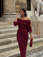 Elegant Off Shoulder Fold Knit Long Sleeve Tight Red Party Dress