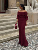 Elegant Off Shoulder Fold Knit Long Sleeve Tight Red Party Dress