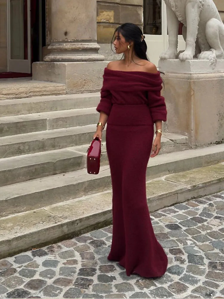 Elegant Off Shoulder Fold Knit Long Sleeve Tight Red Party Dress