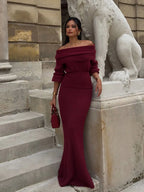 Elegant Off Shoulder Fold Knit Long Sleeve Tight Red Party Dress