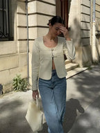 Elegant Singlebreasted Short Fashion Uneck Long Sleeve Solid Slim Coat