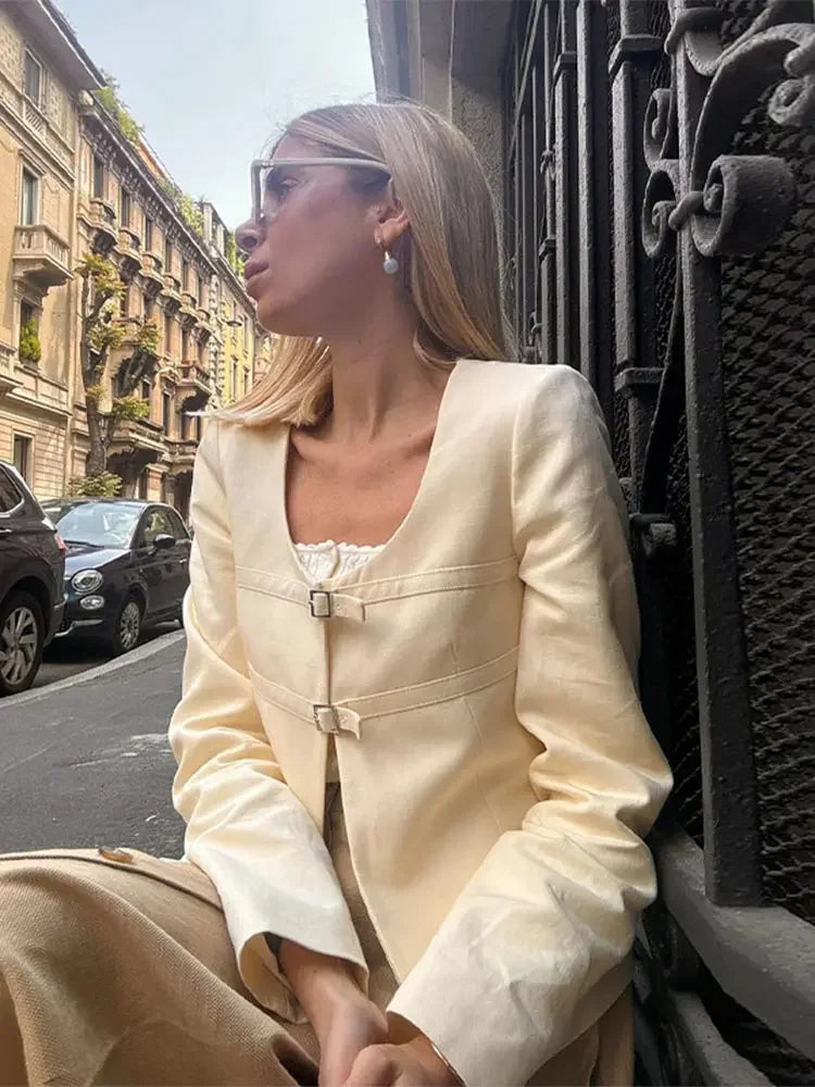 Elegant Singlebreasted Short Fashion Uneck Long Sleeve Solid Slim Coat