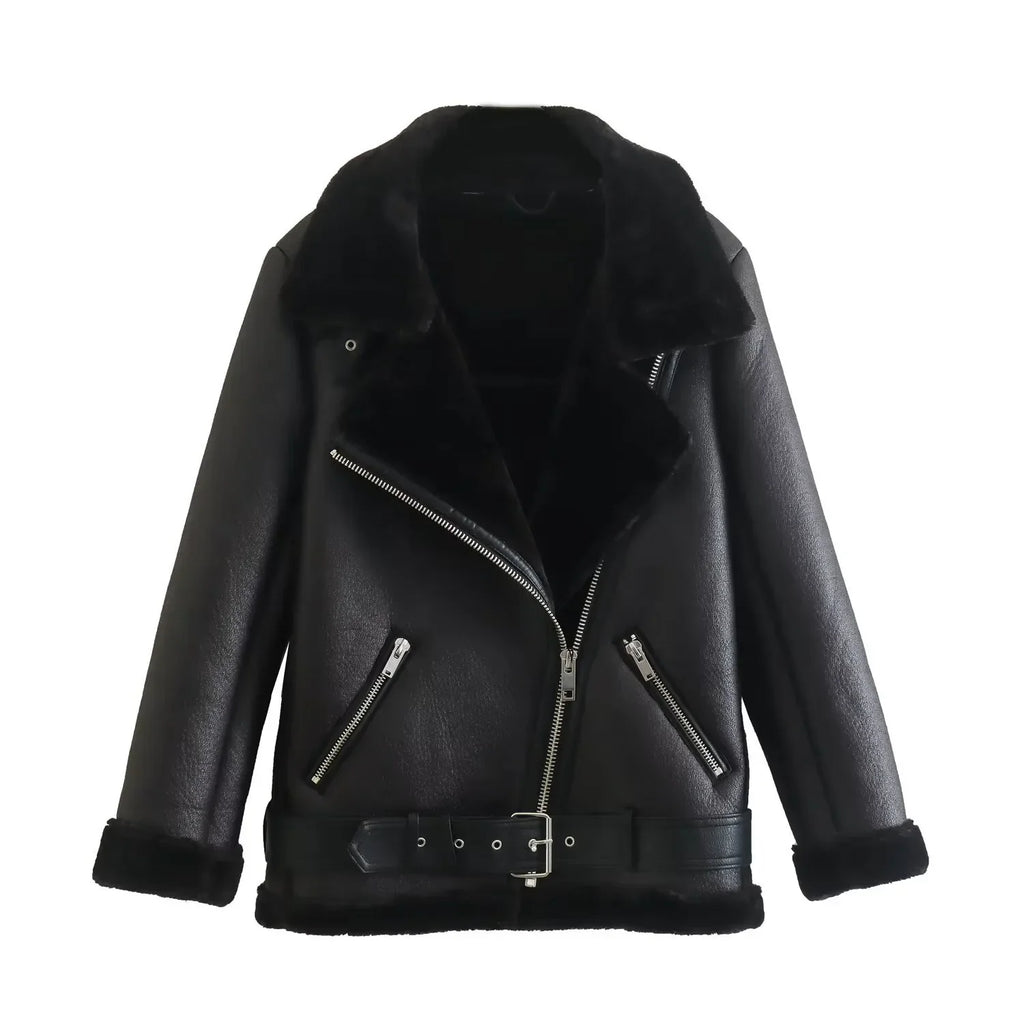 Fall Winter New Fur Integrated Thermal Faux Longsleeved Padded Warm Chic Jacket