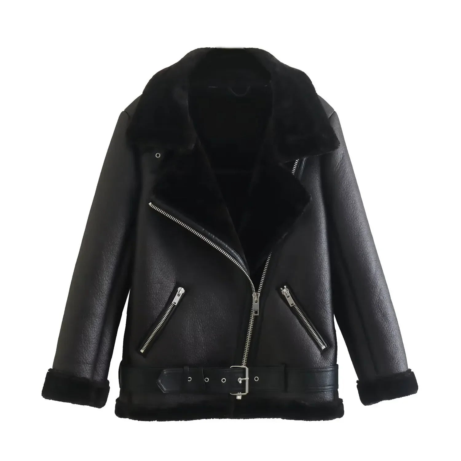 Fall Winter New Fur Integrated Thermal Faux Longsleeved Padded Warm Chic Jacket