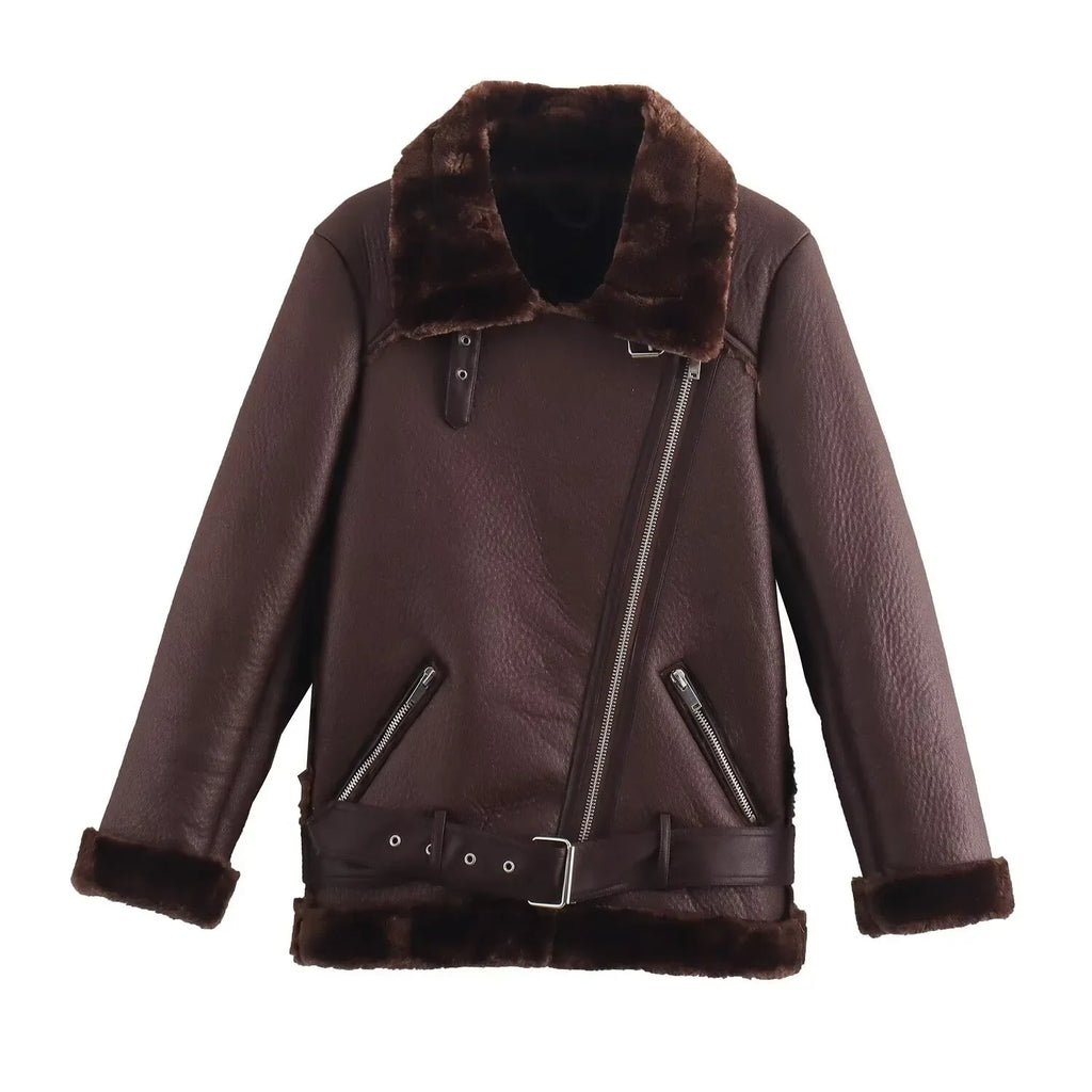 Fall Winter New Fur Integrated Thermal Faux Longsleeved Padded Warm Chic Jacket
