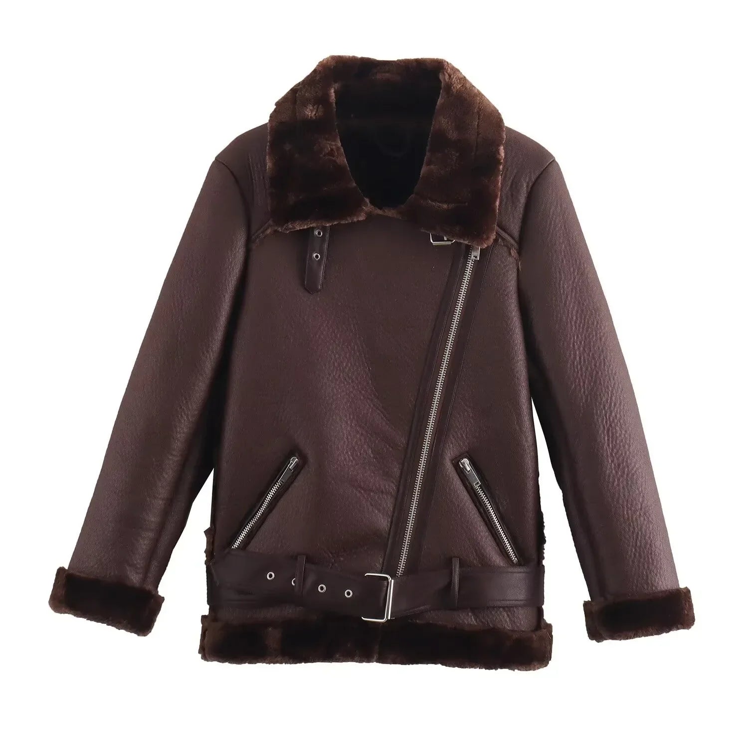 Fall Winter New Fur Integrated Thermal Faux Longsleeved Padded Warm Chic Jacket