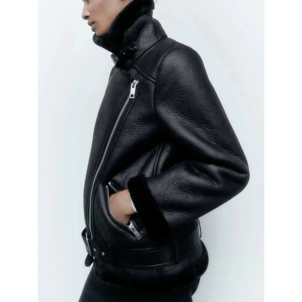 Fall Winter New Fur Integrated Thermal Faux Longsleeved Padded Warm Chic Jacket