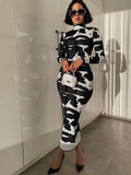 Printed Long Sleeve Pencil Midi Dress