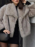 Fashion Faux Fur Solid Lapel Warm Chic Long Sleeve Crop Oversized Coat