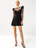 Women Fashion See Through sexy butterfly dot embroidery lace dress short skirt Gigot sleeve dress