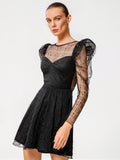 Women Fashion See Through sexy butterfly dot embroidery lace dress short skirt Gigot sleeve dress
