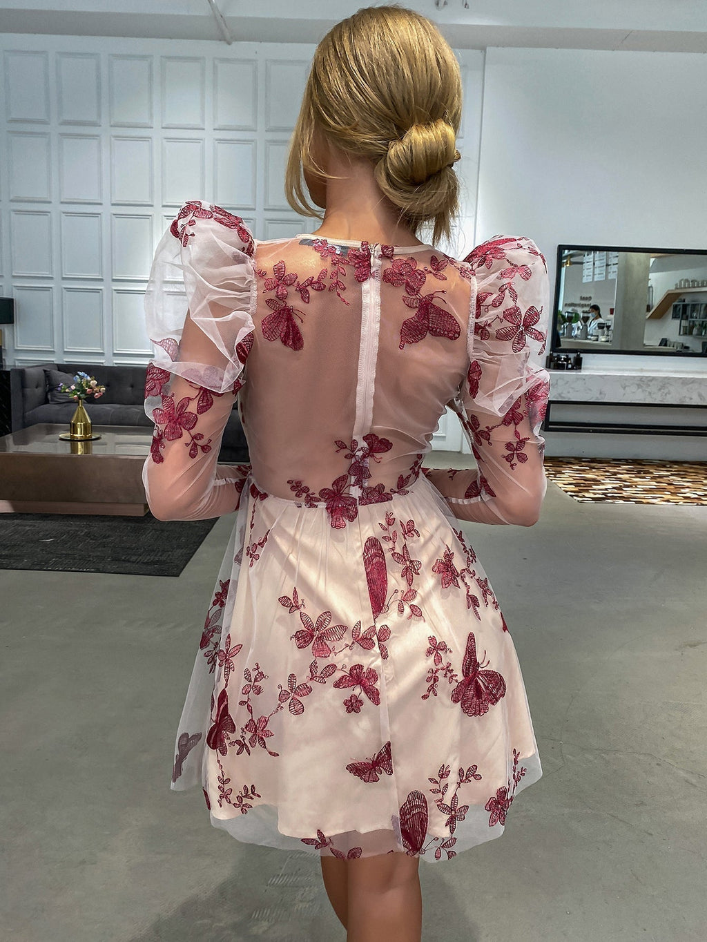 Women Fashion See Through sexy butterfly dot embroidery lace dress short skirt Gigot sleeve dress