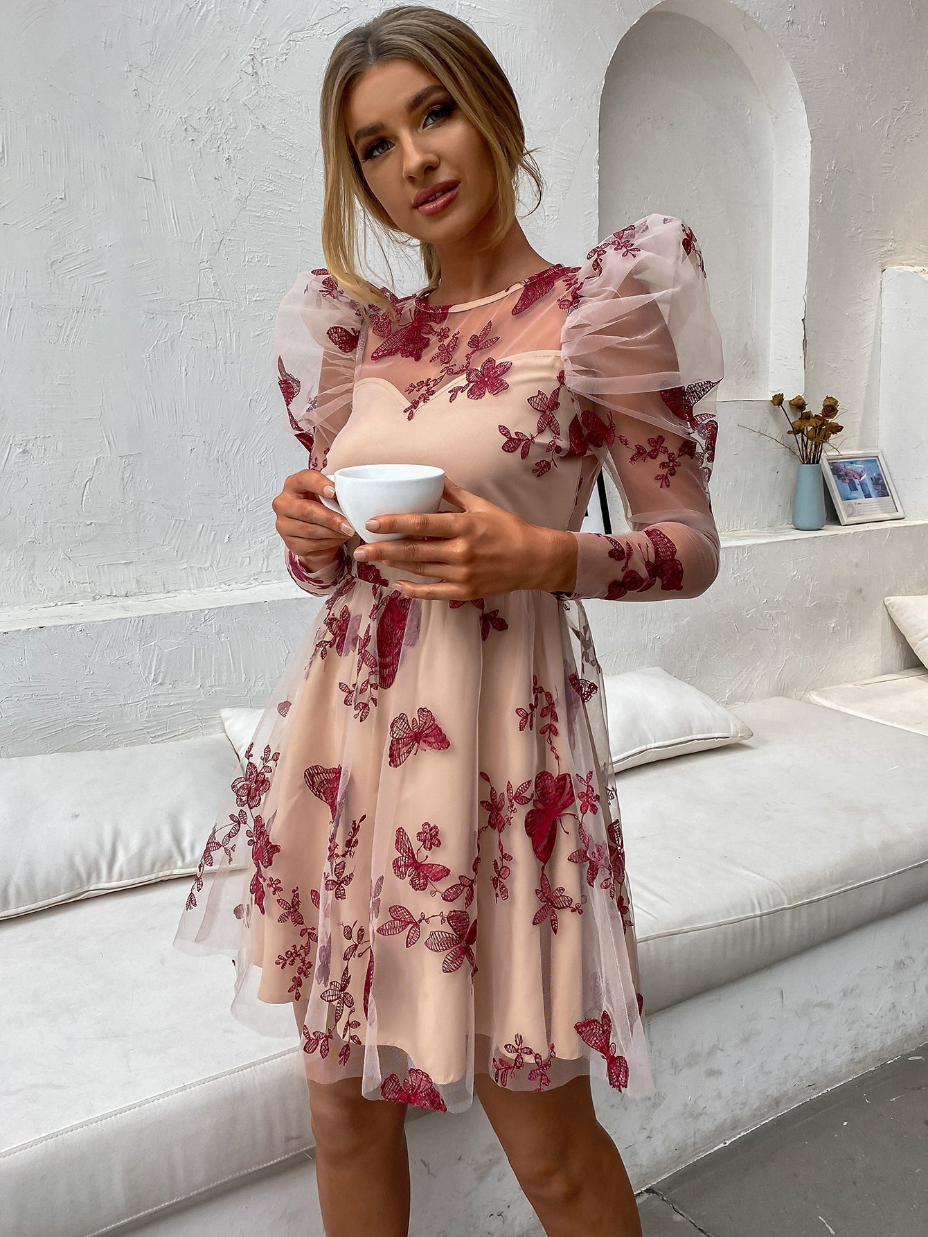 Women Fashion See Through sexy butterfly dot embroidery lace dress short skirt Gigot sleeve dress