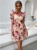 Women Fashion See Through sexy butterfly dot embroidery lace dress short skirt Gigot sleeve dress