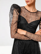 Women Fashion See Through sexy butterfly dot embroidery lace dress short skirt Gigot sleeve dress
