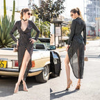 Women Fashion Sexy V neck Long Sleeve Dress Slit Party Skirt