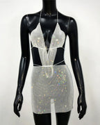 Glitter Diamond Backless Halter Neck Mini Dress Cut Out Dresses